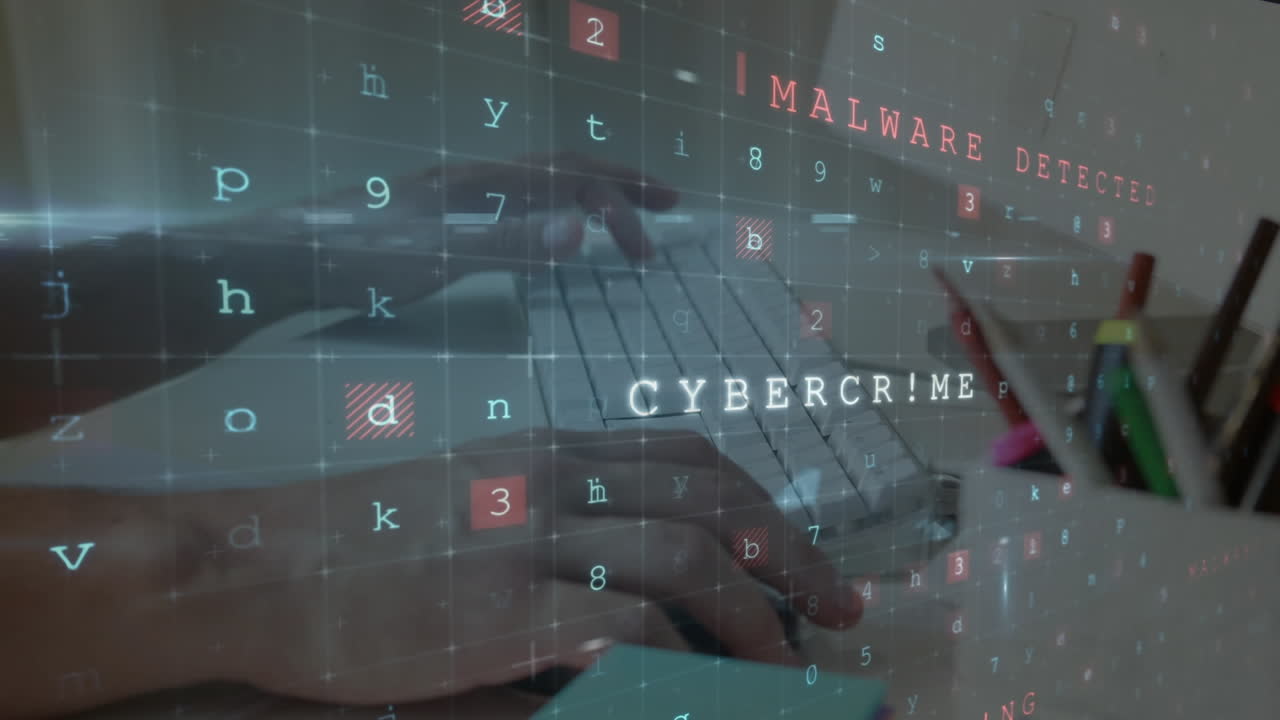 Animation of cyber attack warning over man using computer