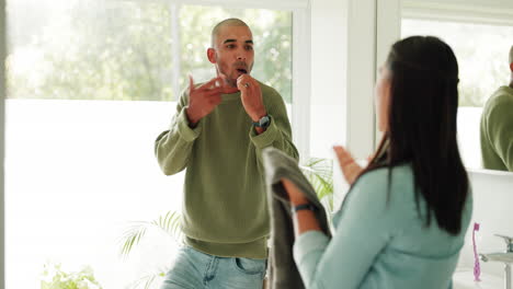 Talking,-morning-and-couple-in-bathroom-brushing