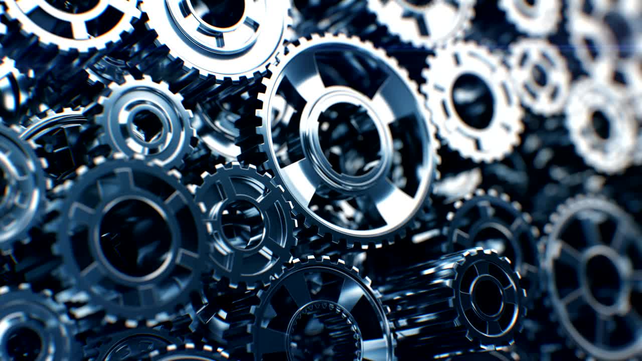 회전 기어로 만들어진 금속 벽, 아름다운 루프 3d 애니메이션, 도프 블러, 추상적인 작업 프로세스, 팀워크, 비즈니스 및 기술 개념.