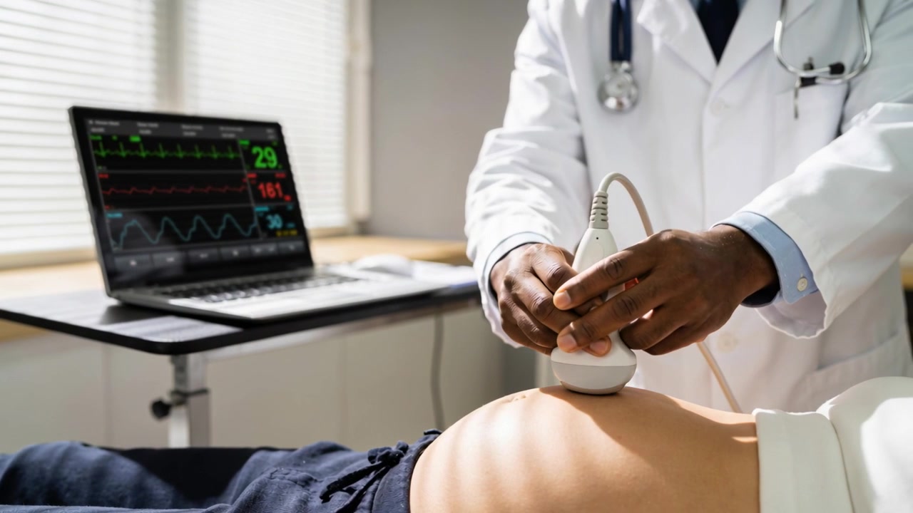 Dottore in camice da laboratorio che posiziona la sonda, scansionando l'addome sul lettino da visita, con un laptop che mostra i parametri vitali per la diagnosi