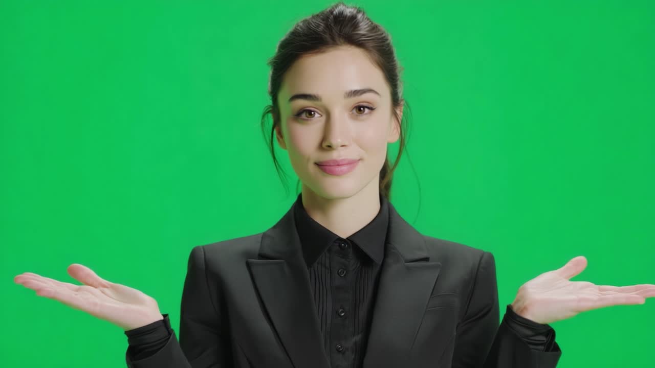 A confident individual showcases expressive gestures against a vibrant green screen backdrop, conveying an inviting and engaging demeanor that captivates viewers