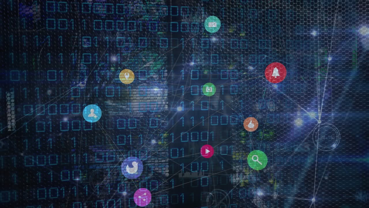 animación de puntos e iconos conectados por líneas, destello de la lente y códigos binarios sobre un fondo abstracto