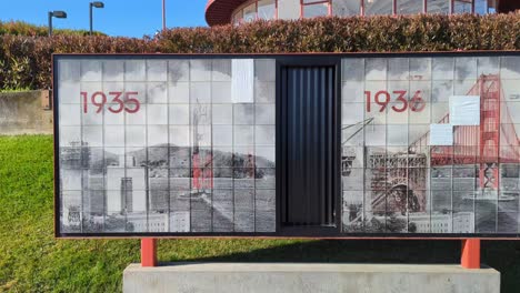 Signo-Histórico-De-La-Puerta-Dorada,-Construcción-A-Través-De-Años,-San-Francisco-Ca