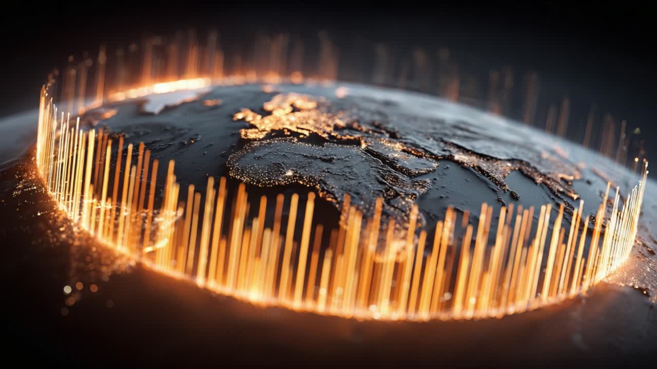Abstract visualization of a futuristic Earth with golden light streams representing data transmission, connecting continents and illustrating global network technology, communication, and big data