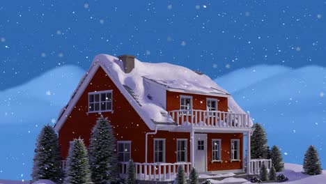 Snow-falling-over-house-and-multiple-on-winter-landscape-against-blue-background