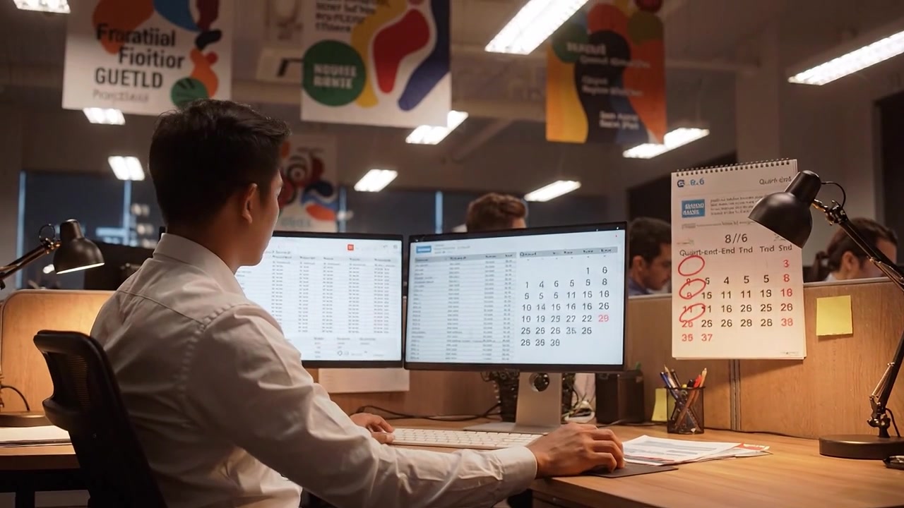 Focused Employee Analyzing Data on Dual Monitors in Busy Office Environment with Calendar and Colorful Posters in Background, Capturing Modern Workplace Dynamics