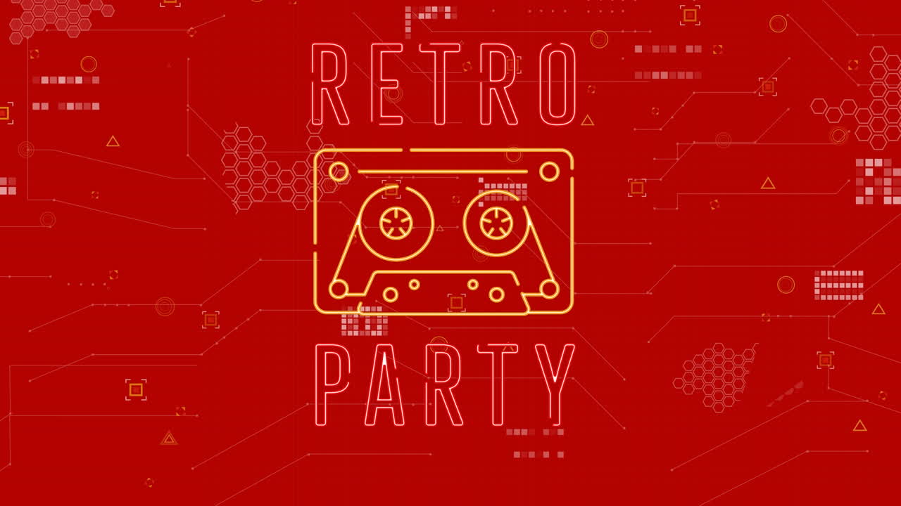 레트로 음악 텍스트와 카세트의 애니메이션 빨간 바탕에