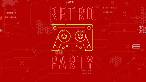 animación de texto de música retro y cassette sobre fondo rojo