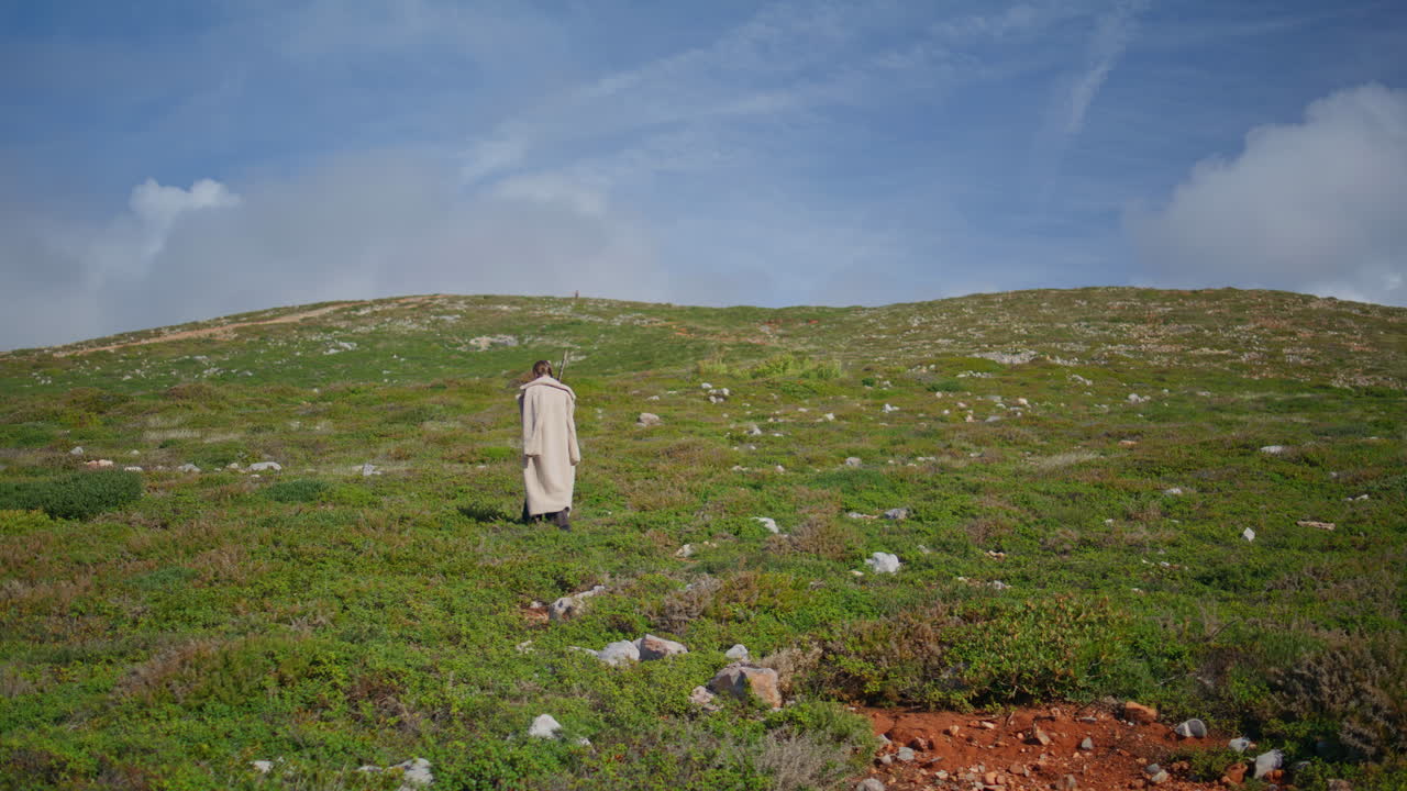 excursionista caminando por la colina verde de la montaña con un palo. chica contemplativa admirando la naturaleza