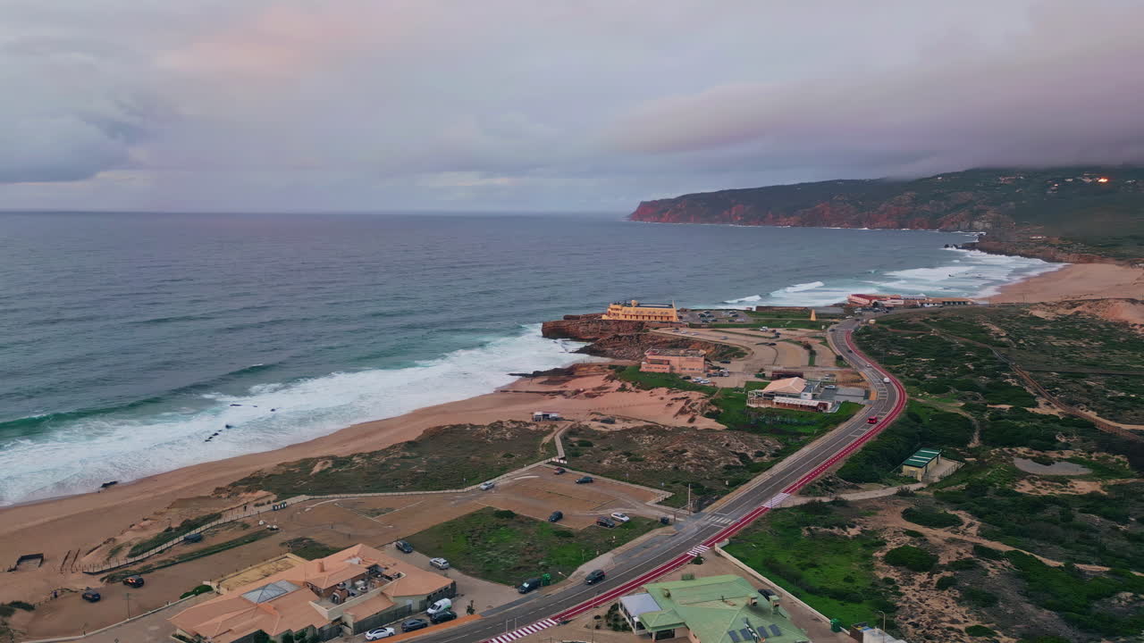 seascape cloudy sky at evening calmness aerial view. Coastal hotel