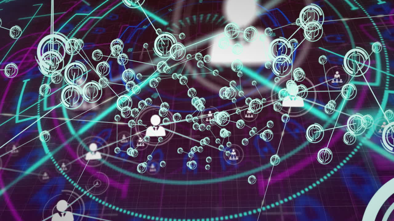 Digital interface displaying network connections and data processing animation in background