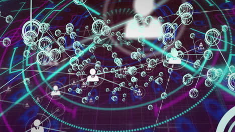 digital interface displaying network connections and data processing animation in background