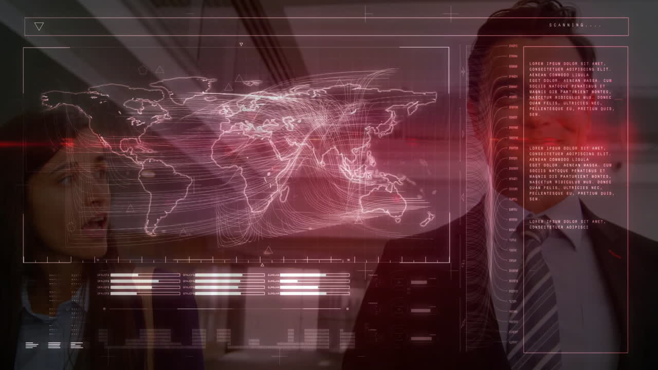 Two colleagues exploring business technology interface in modern office with holographic map charts