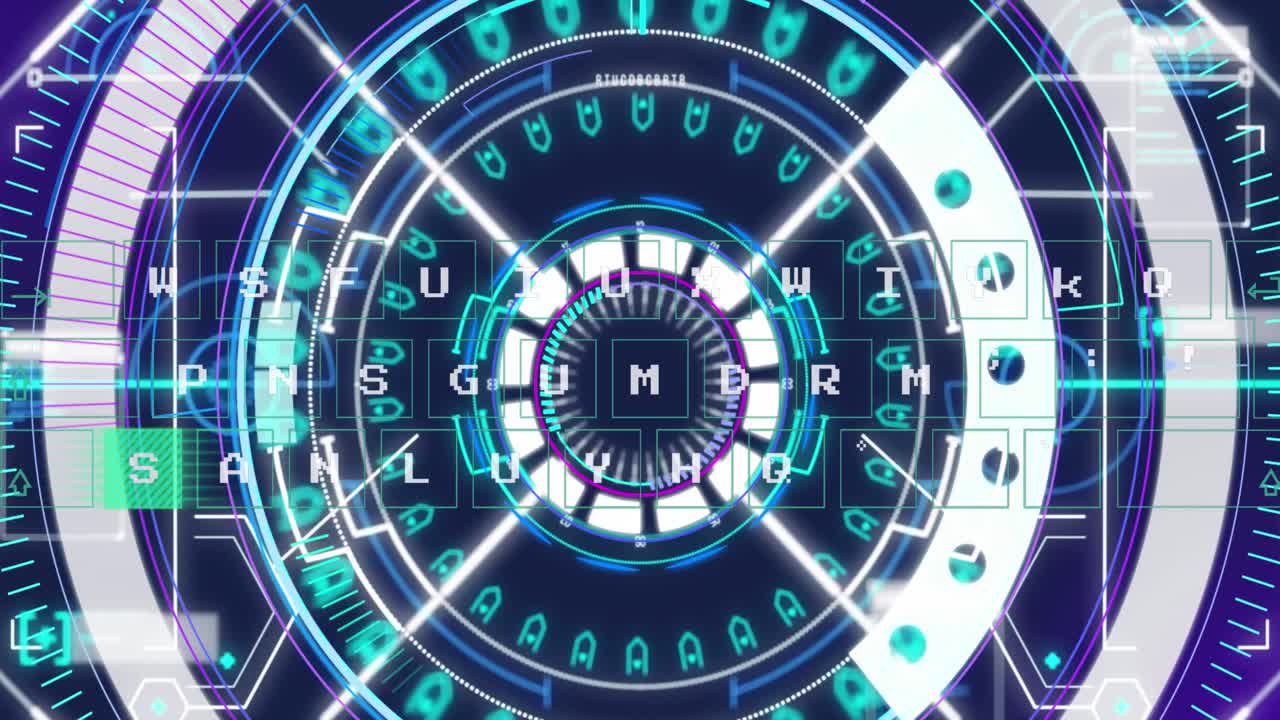 animación del procesamiento de datos sobre un escáner redondo que gira en un patrón sin costuras sobre un fondo azul