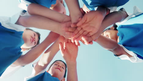 kids, soccer and hands together with team