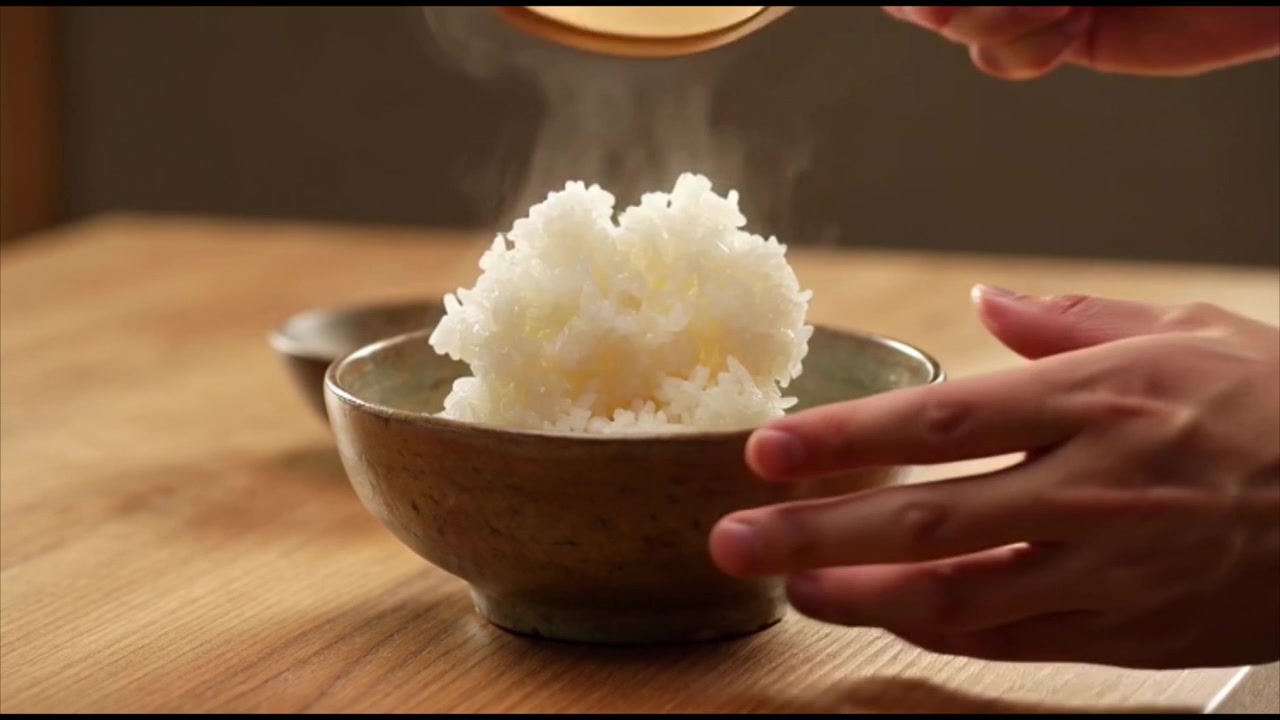 湯気の立つ温かい白いご飯を陶器の茶碗に盛り付ける