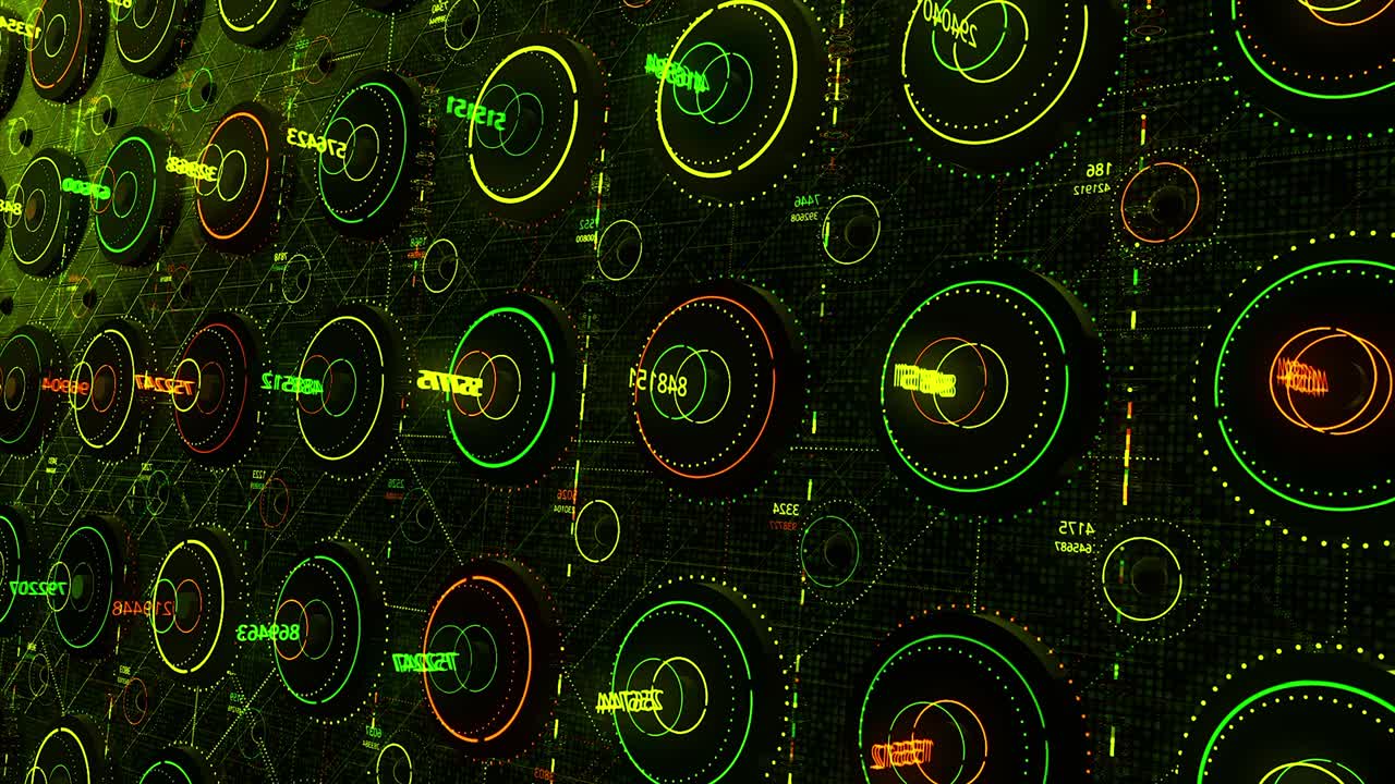 Abstract digital background made of different colorful shapes with rotating elements elements and digits. Animation. Concept of digital data processing