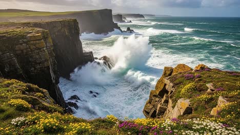 stunning coastal cliffs with vibrant wildflowers and roaring waves: a captivating view of nature's beauty along the rugged shoreline