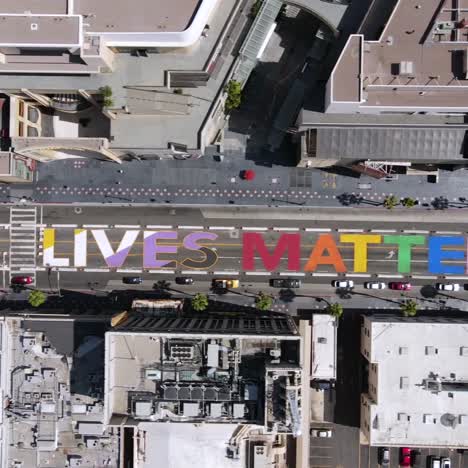 An-Excellent-Aerial-Shot-Of-The-All-Black-Lives-Matter-Mural-Painted-On-Hollywood-Boulevard-In-Los-Angeles-California