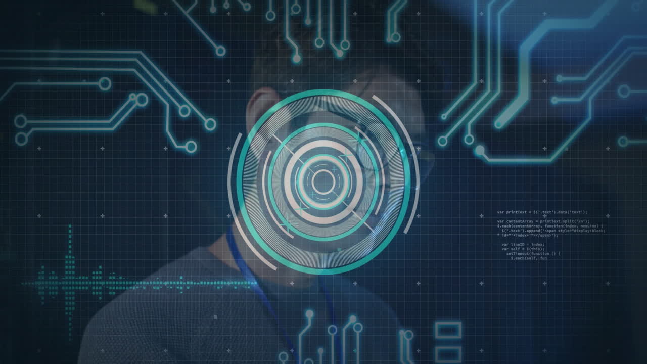 Digital animation overlaying futuristic circuit patterns on person in school setting