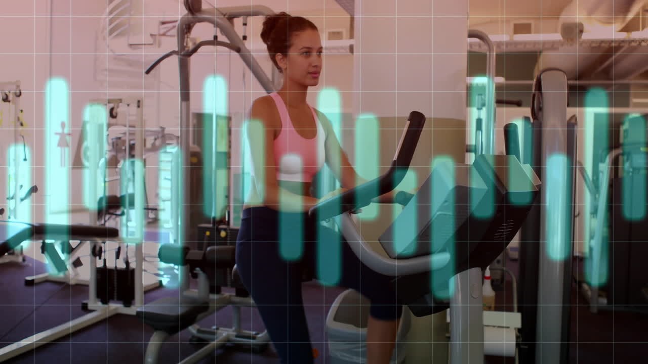 woman exercising on elliptical trainer in gym, displaying neon blue fitness data-bar overlay
