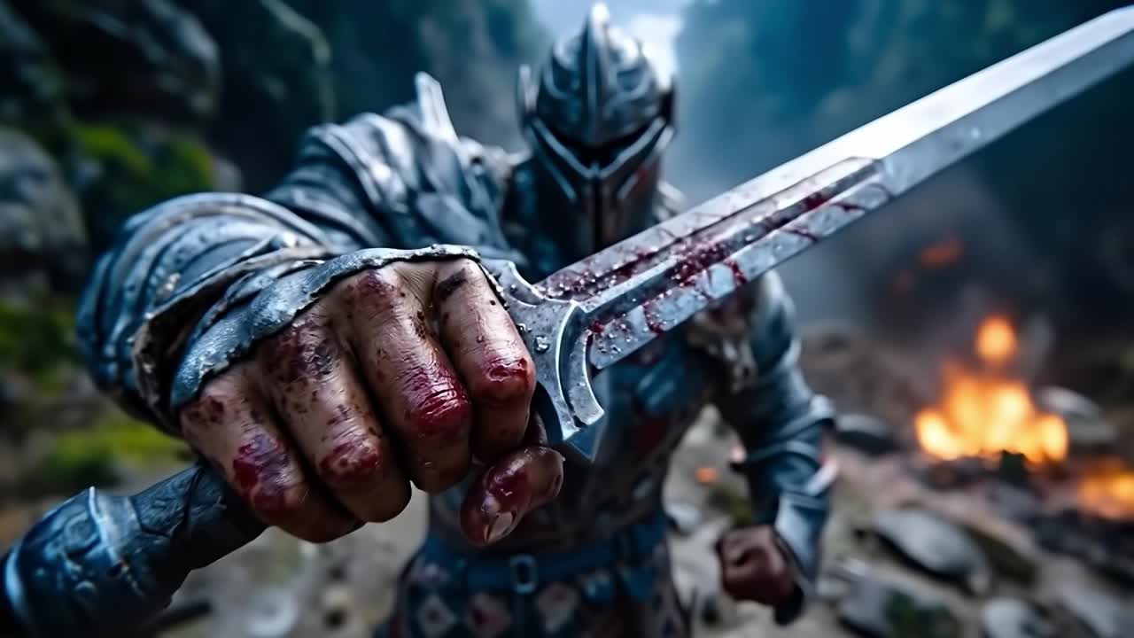 A man in armor holding a sword in front of a fire