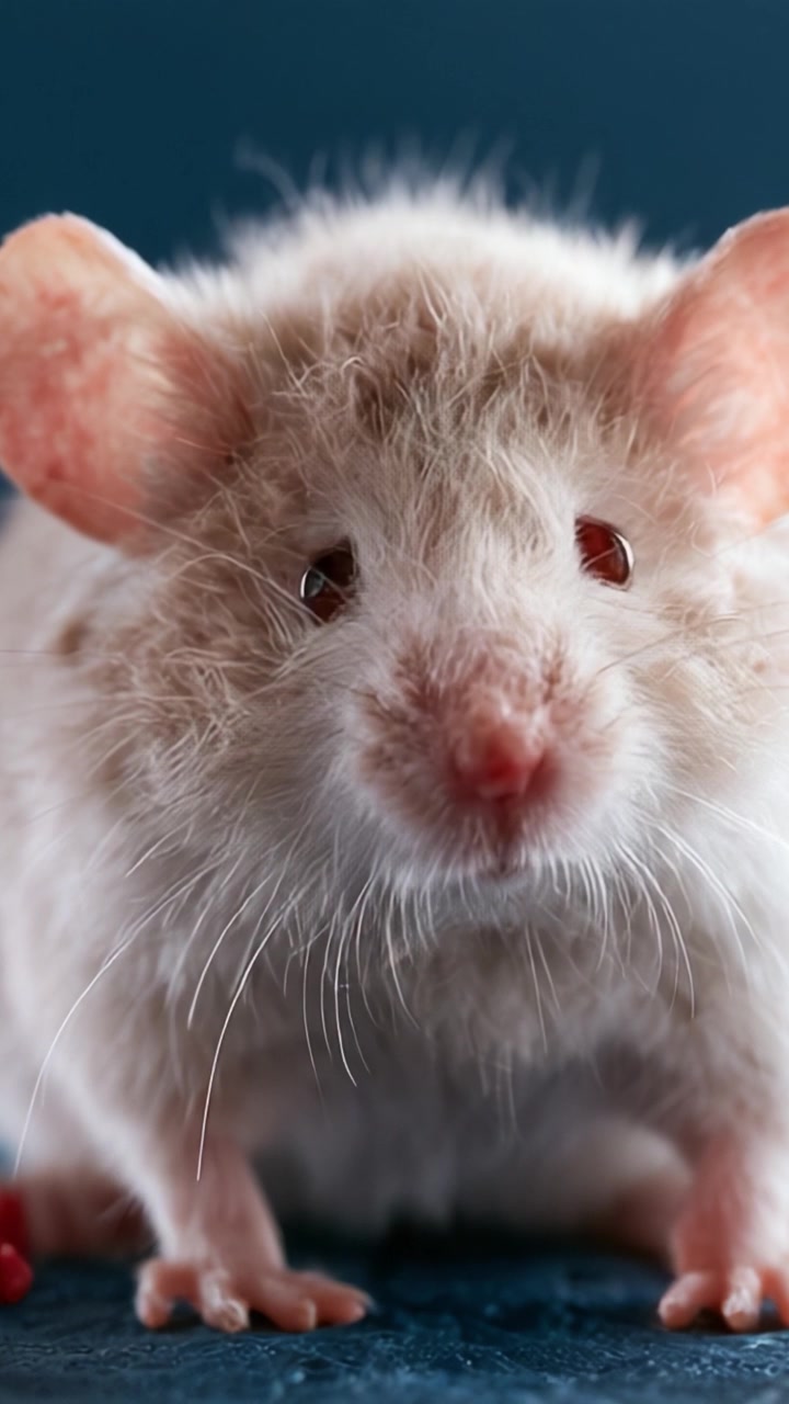 Primi piani di un adorabile ratto bianco e soffice con distintivi occhi rossi, che catturano le sue caratteristiche uniche ed espressioni giocose in un ambiente con illuminazione soffusa.