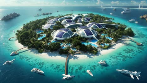 resort de la isla futurista con paneles solares