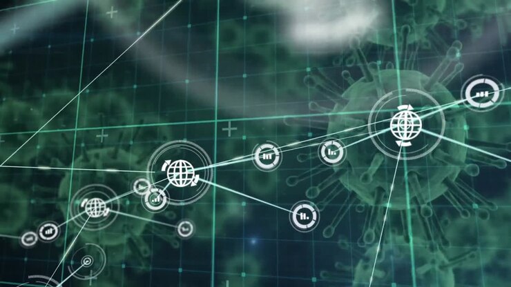 Network of digital icons over grid network against multiple covid-19 cells on black background