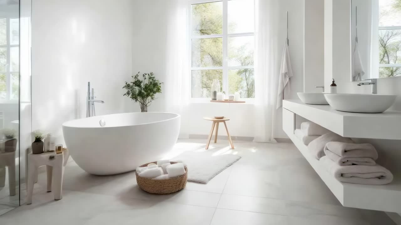 Minimalist bathroom with a freestanding tub, shot from a wide-angle