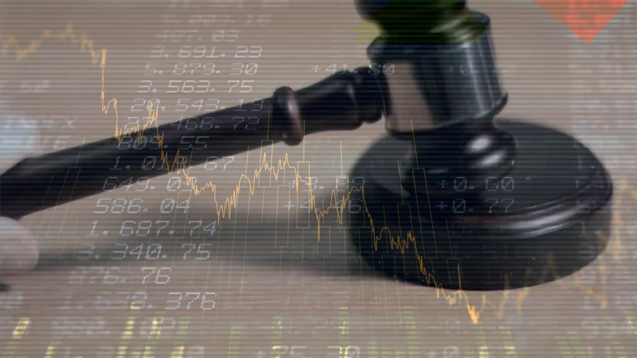 Animation of statistics and financial data processing over auctioneer's hammer