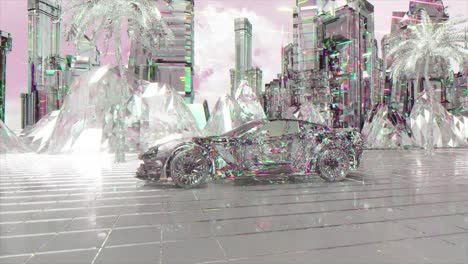 cyberpunk crystal cityscape with car