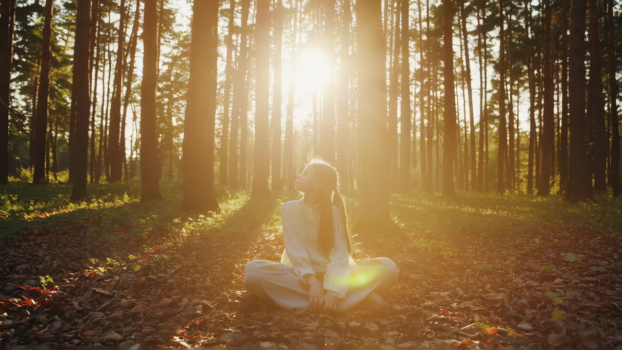 Young Girl Bathed in Golden Sunlight in a Serene Forest