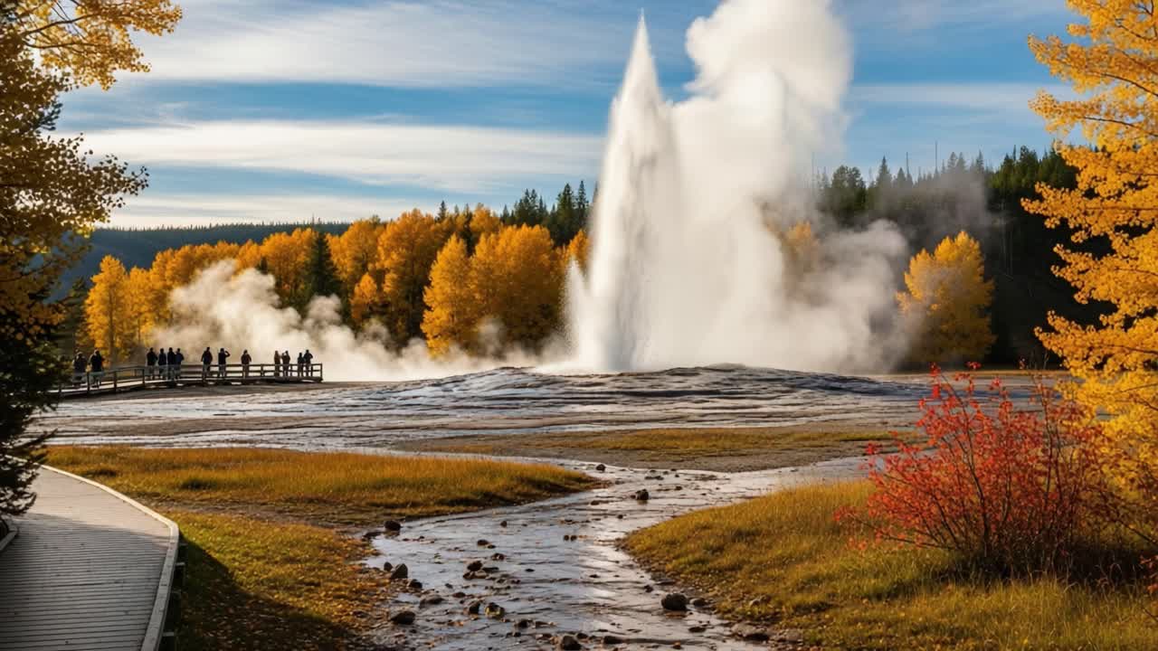 Majestic Geyser Erupts Amidst Vibrant Autumn Colors in a Natural Wonderland, Capturing the Stunning Beauty of Nature's Power and Serenity