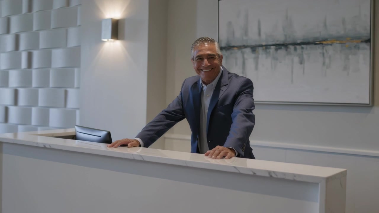 Die Kamera fährt näher heran, ein Mann im marineblauen Anzug lehnt sich in der Lobby an einen weißen Marmorschreibtisch und begrüßt einen Gast.