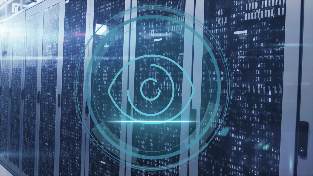 Animation of eye icon and digital data processing over computer servers