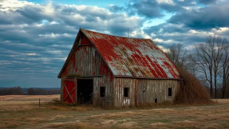 a red barn sits in the middle of a field