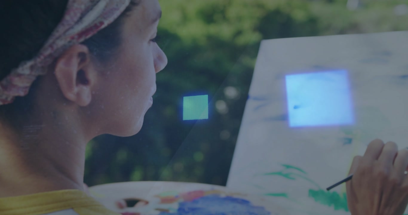 Artist at easel dipping brush into green paint following code overlays flickering shaping foliage