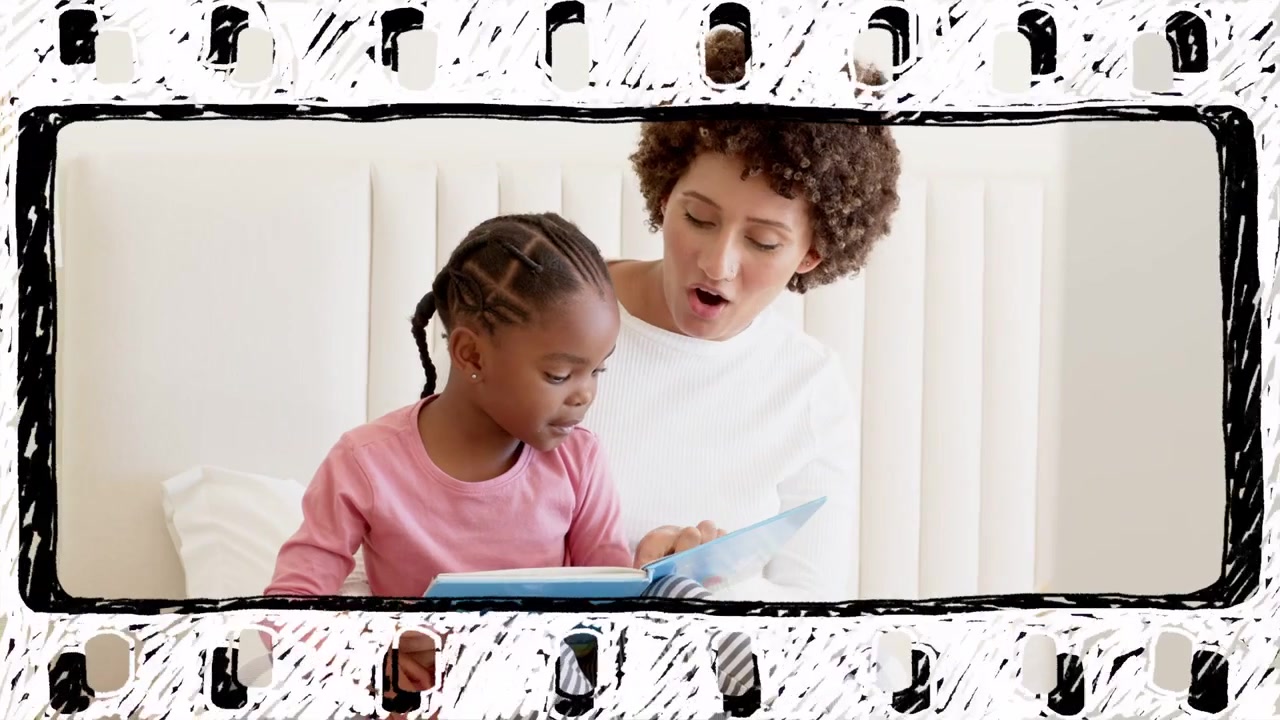 Woman and girl sitting on bed, child opening blue picture book, woman guiding reading for education