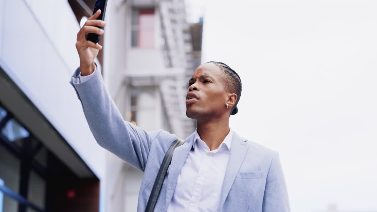 Man, phone and city with search for signal