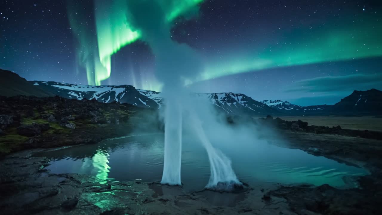 Sfiati geotermici che rilasciano colonne di vapore dal calore sopra una pozza calda di notte, riflettendo l'aurora.