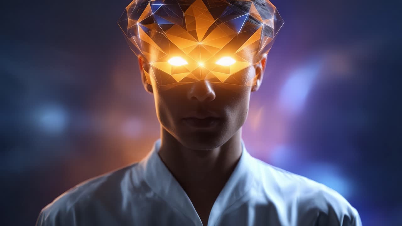 En surrealistisk skildring af en figur med et geometrisk oplyst hoved, der udforsker temaer som bevidsthed, identitet og sammensmeltningen af teknologi med menneskelig tanke