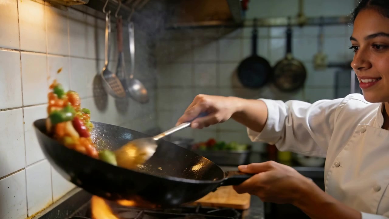 Chef in giacca bianca che salta e mescola il wok su fiamma a gas cucinando verdure con una spatola, spazio per il testo