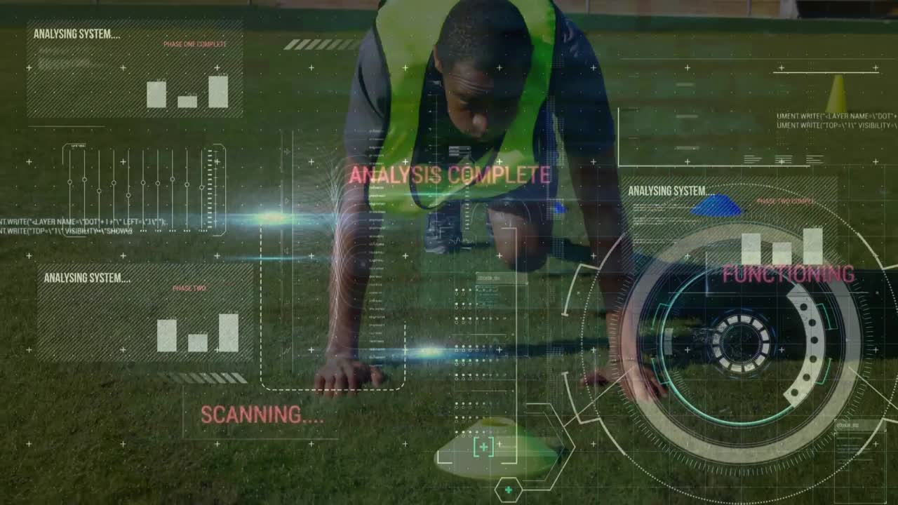 animación del procesamiento de datos diversos sobre un jugador de fútbol masculino biracial