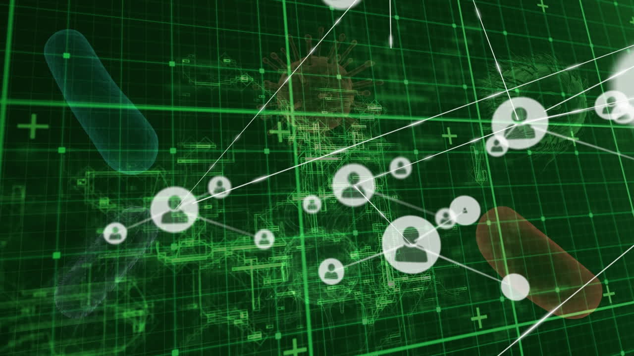 animación de la red de conexiones con iconos de medios sobre las células del virus