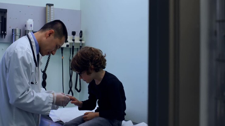 Side view of young asian male doctor examining a caucasian boy patient in a clinic 4k