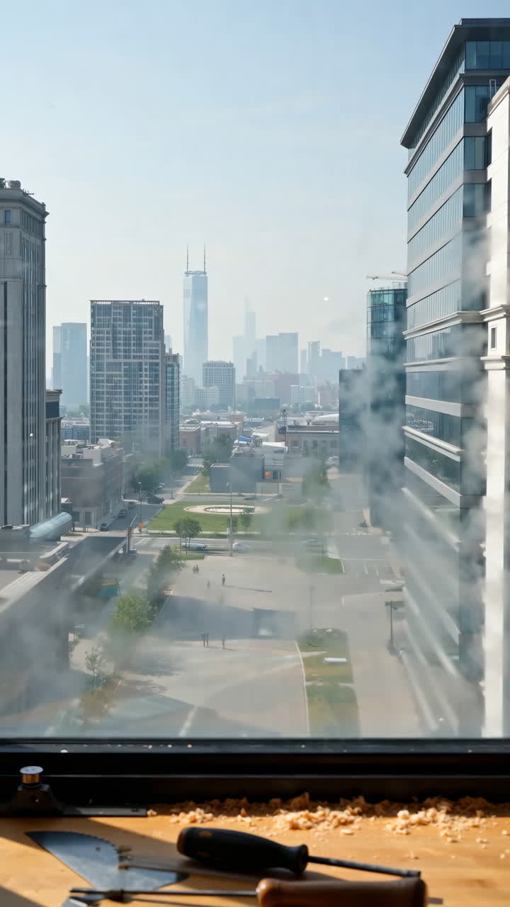 Vista da Cidade de uma Janela com Ferramentas no Parapeito