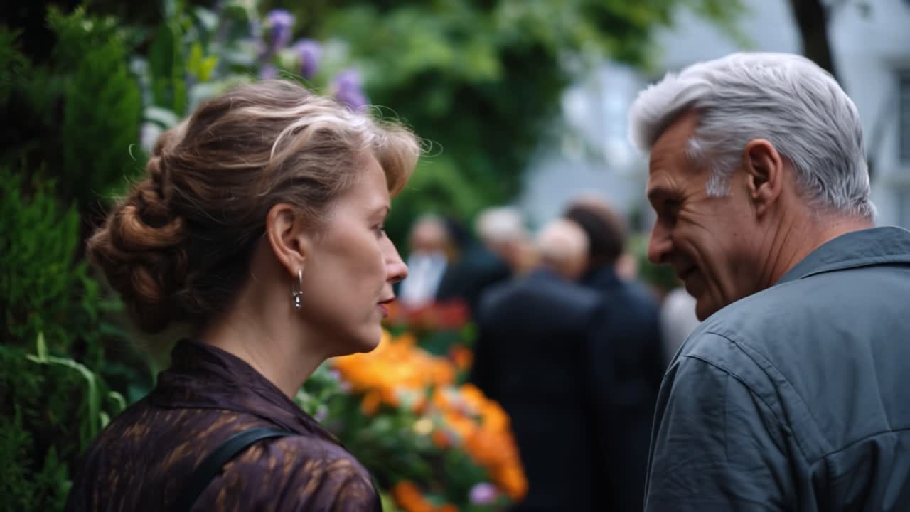 Woman and man stand in a garden, sharing quiet moments. She turns slightly, eyes focused on him. He faces away, shoulders relaxed, but attentive. Surrounding blooms hint at a peaceful