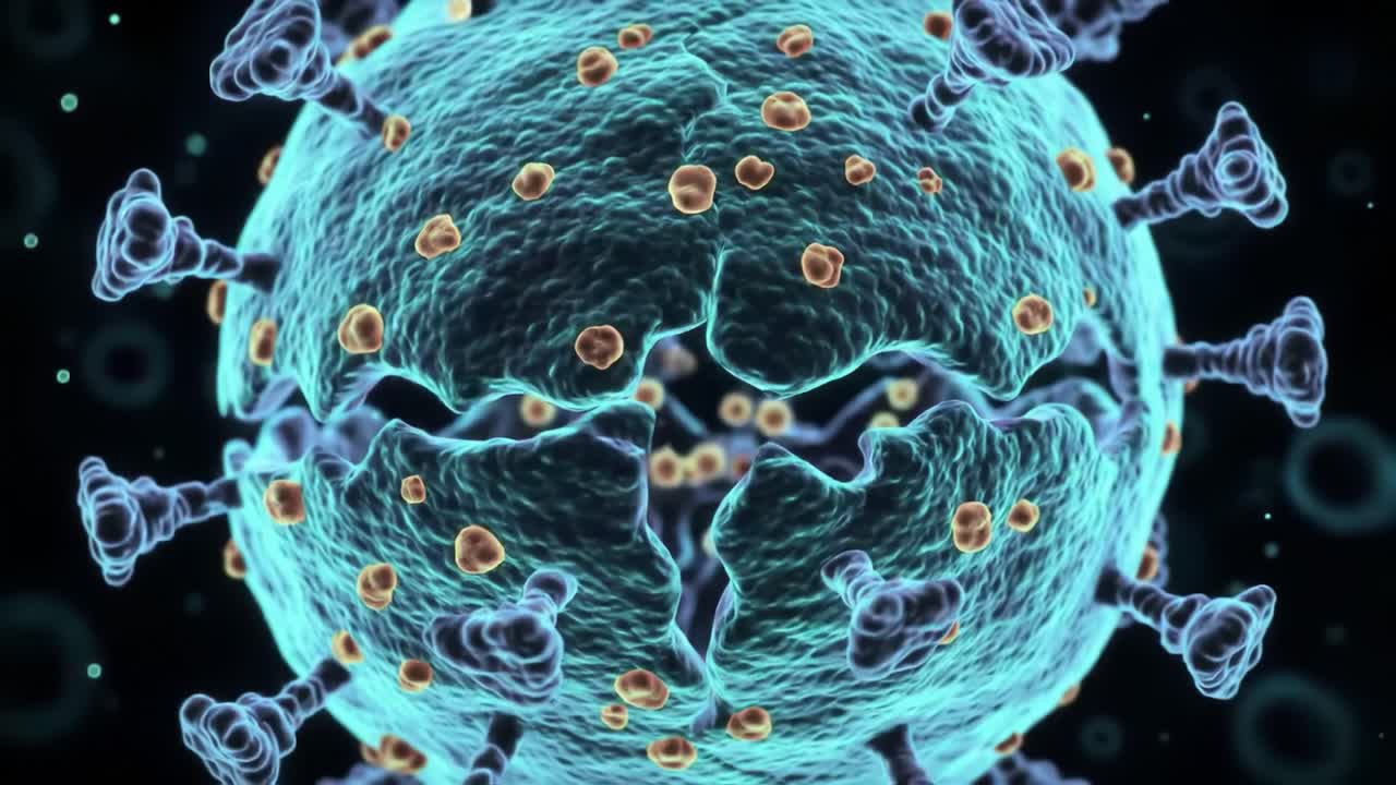 Detailed Visualization of a Virus Structure, Showcasing Its Complex Surface Features and Surface Proteins in an Intricate 3D Representation for Scientific Study