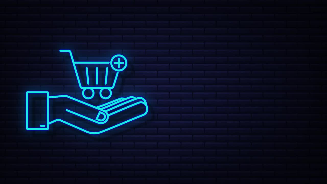 añadir icono de neón al carrito con las manos. icono del carrito de compras. gráfico de movimiento